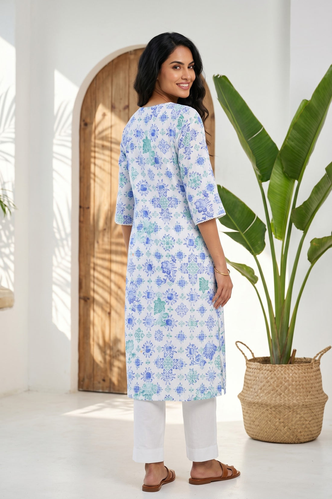 Off White Floral Printed Pure Cotton Straight Kurta