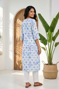 Off White Floral Printed Pure Cotton Straight Kurta