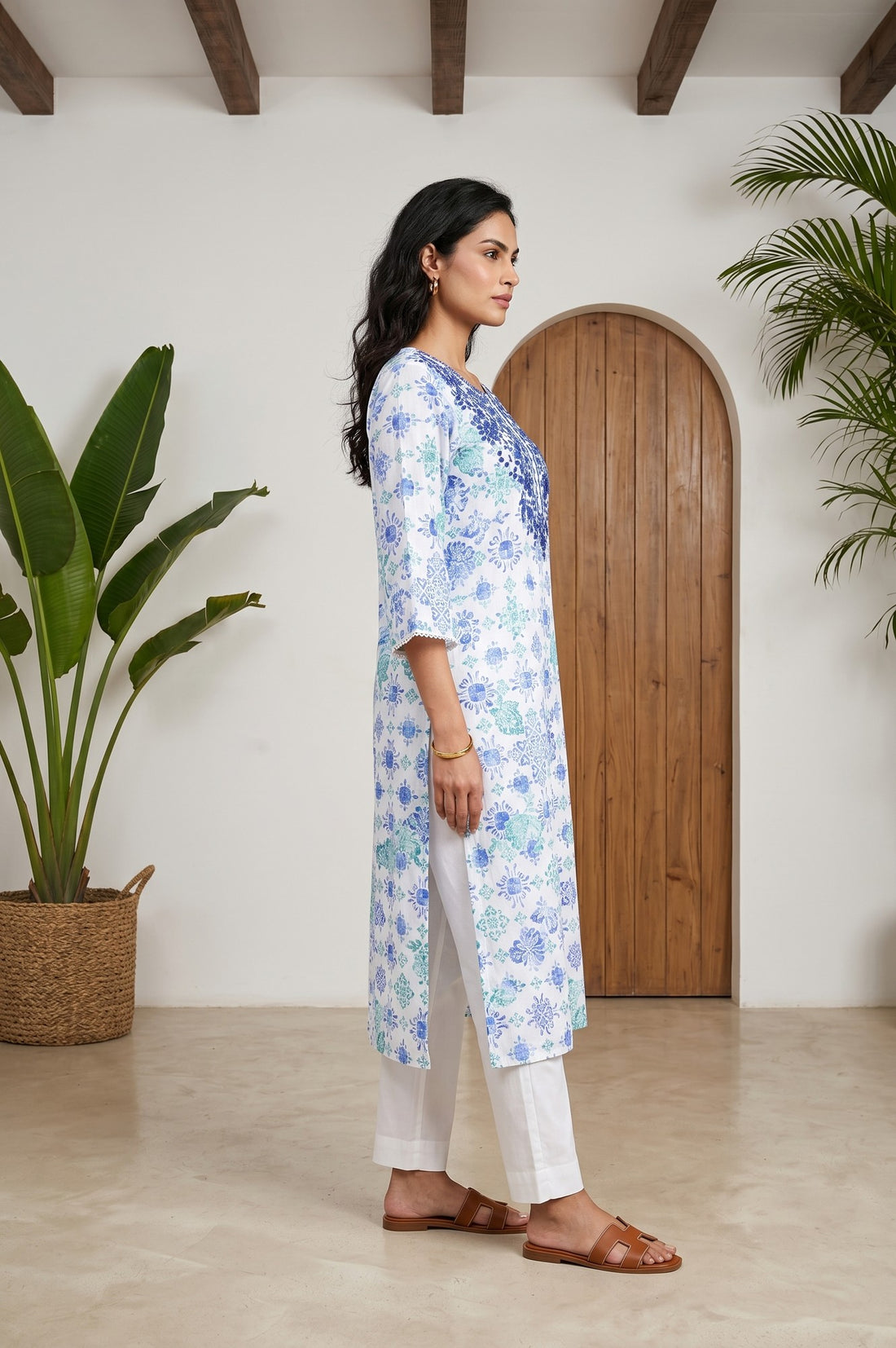 Off White Floral Printed Pure Cotton Straight Kurta