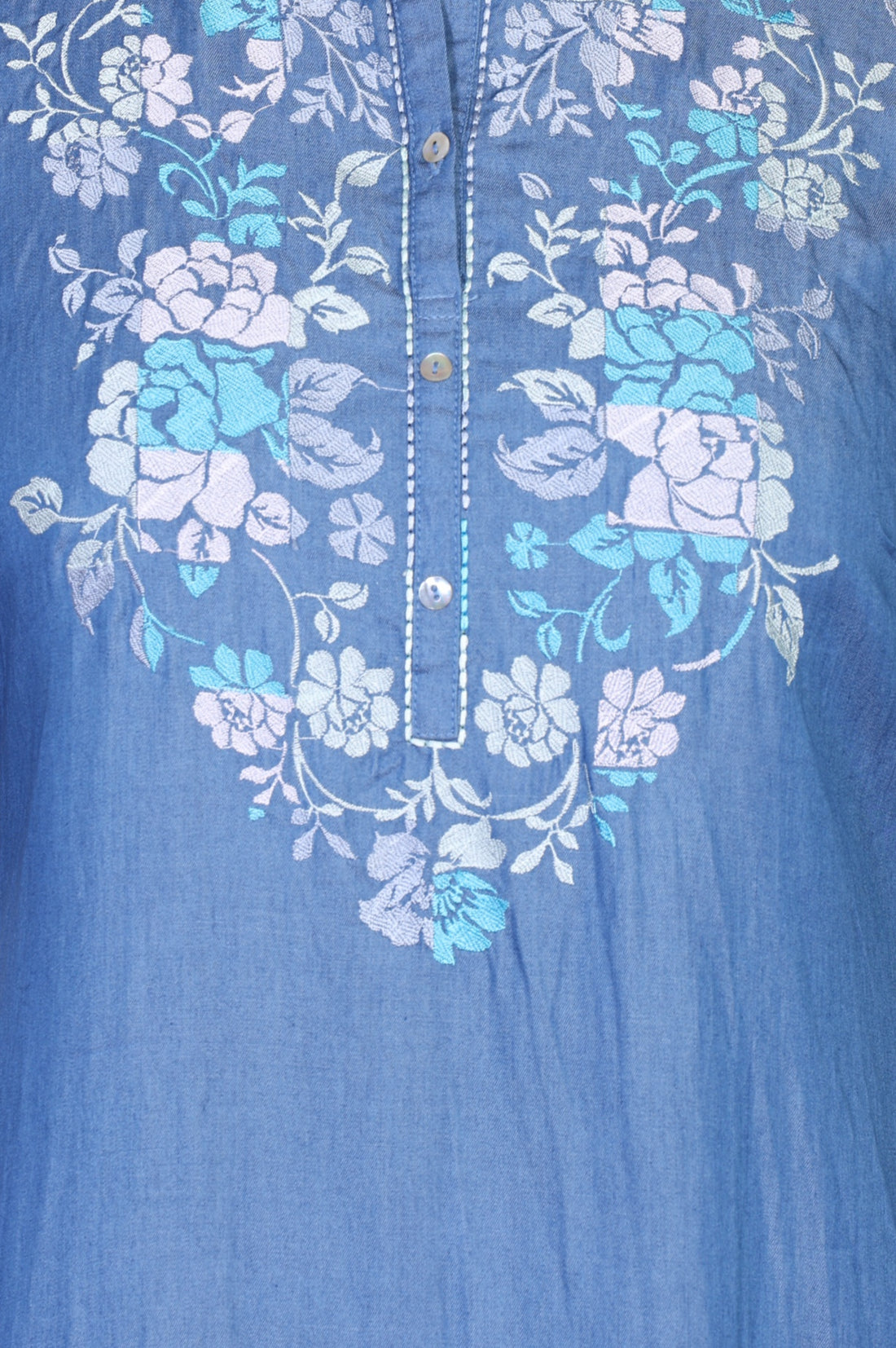 Blue Embroidered Yarn Dyed Lyocell Straight Top