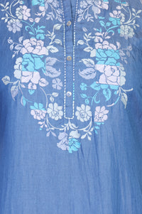 Blue Embroidered Yarn Dyed Lyocell Straight Top