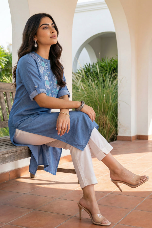 Blue Embroidered Yarn Dyed Lyocell Straight Top
