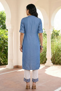 Blue Embroidered Yarn Dyed Lyocell Straight Top