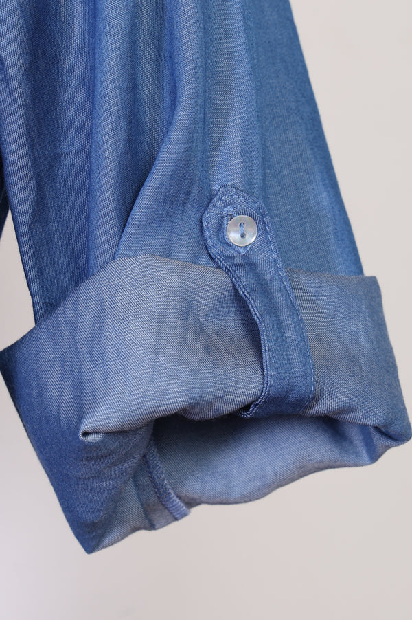 Blue Embroidered Yarn Dyed Lyocell Straight Top
