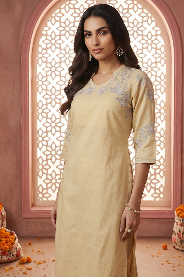 Yellow Yarn Dyed Embroidered Zari Straight Kurta