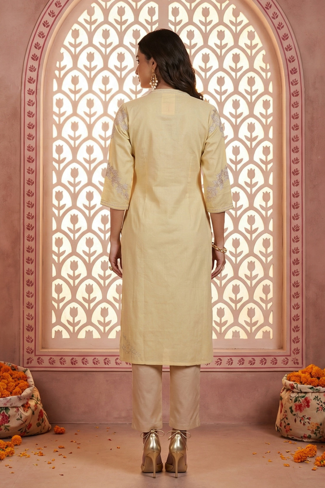 Yellow Yarn Dyed Embroidered Zari Straight Kurta