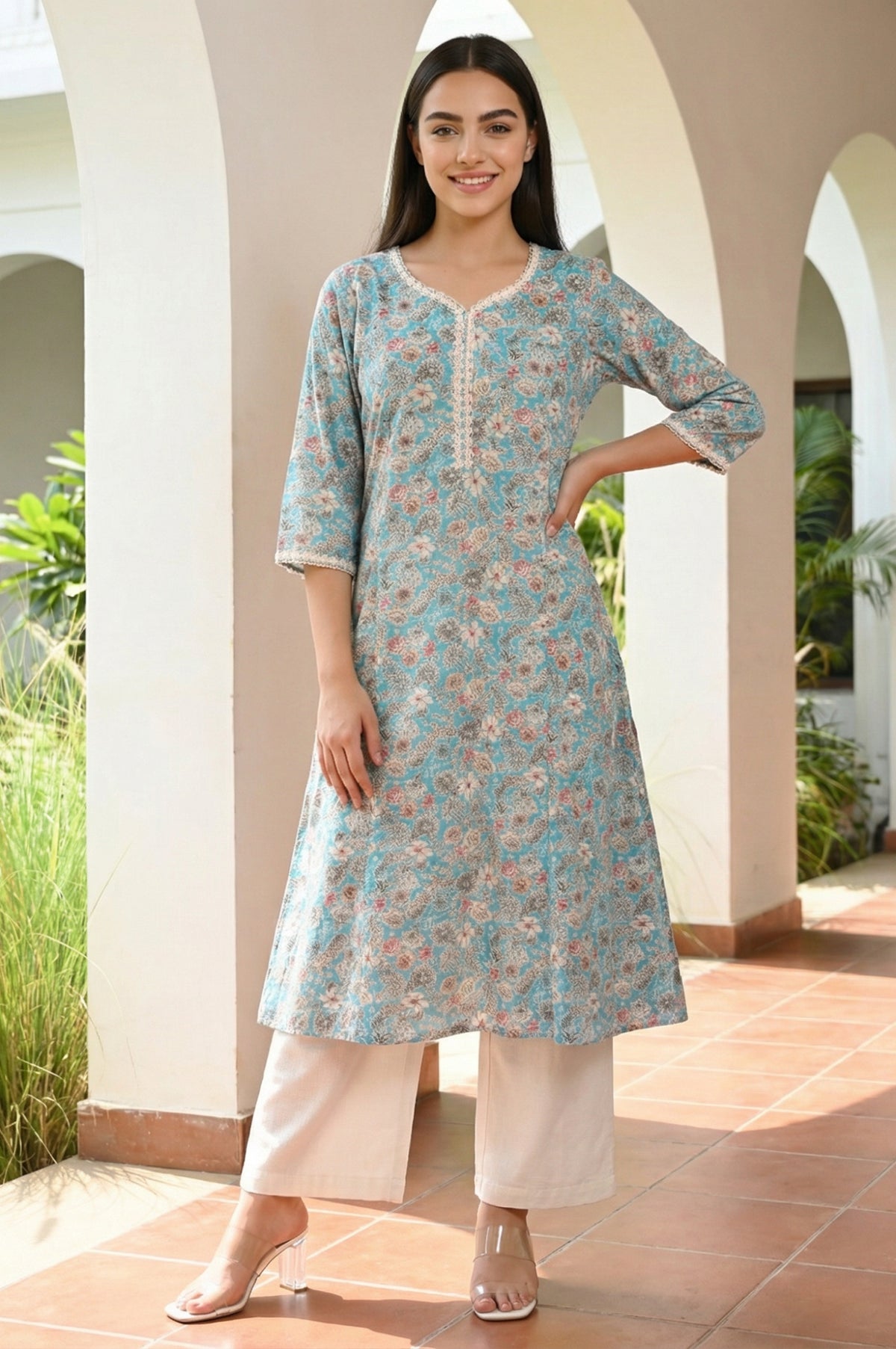 Teal Floral Printed Lace A-line Kurta - XS