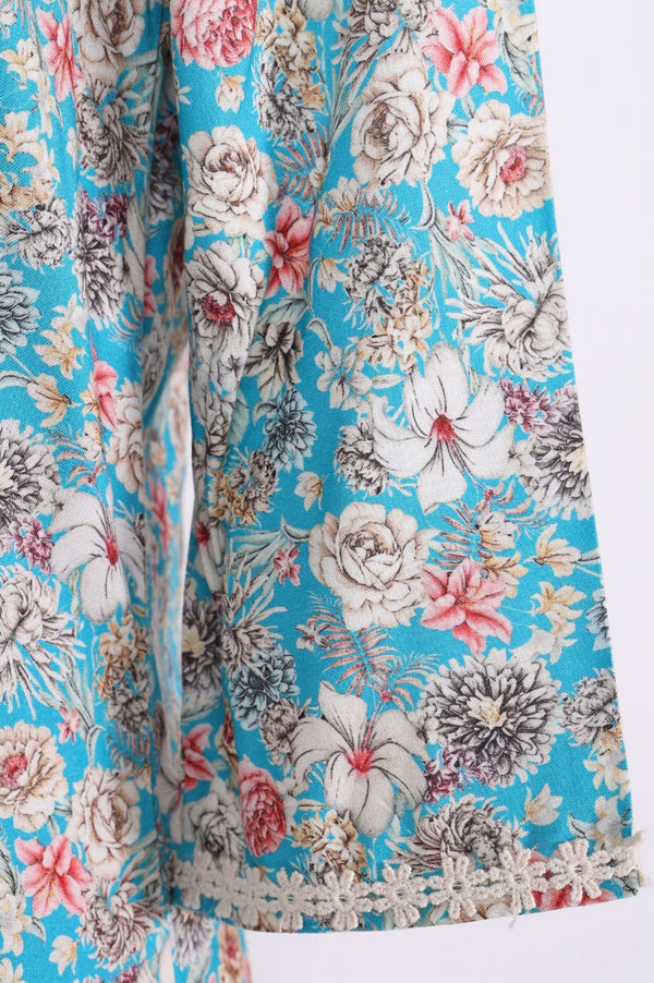 Teal Floral Printed Lace A-line Kurta