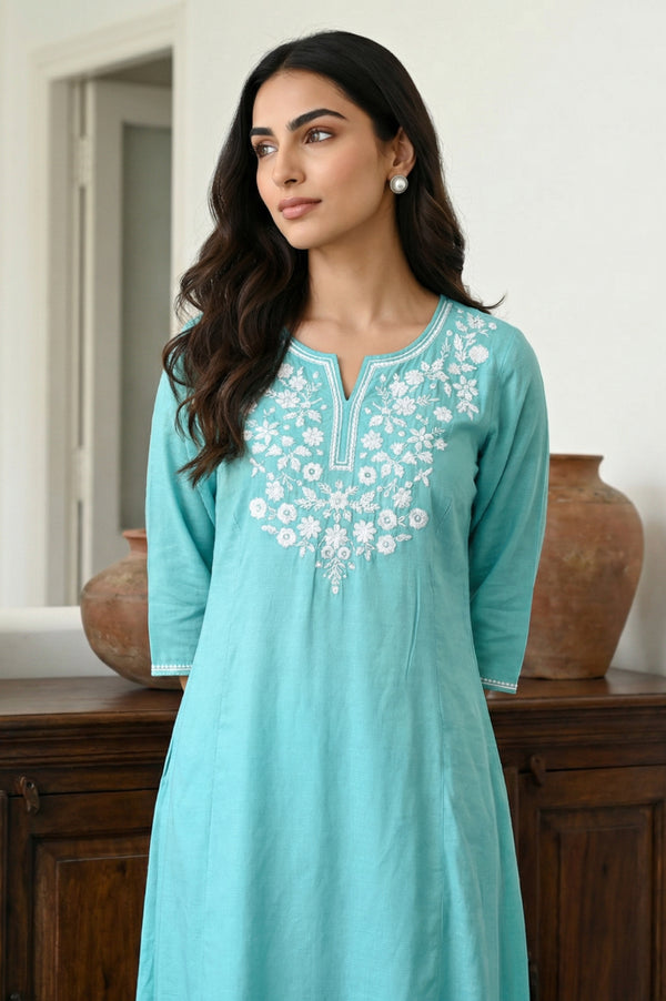 Sea Green Thread Embroidered Rayon A-line Kurta