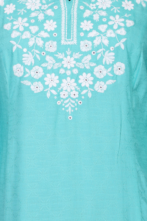 Sea Green Thread Embroidered Rayon A-line Kurta