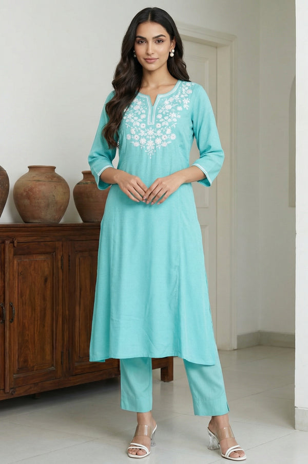 Sea Green Thread Embroidered Rayon A-line Kurta