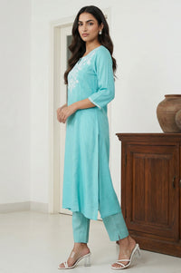 Sea Green Thread Embroidered Rayon A-line Kurta