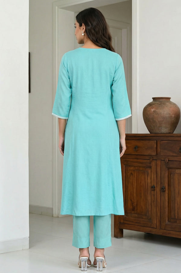 Sea Green Thread Embroidered Rayon A-line Kurta