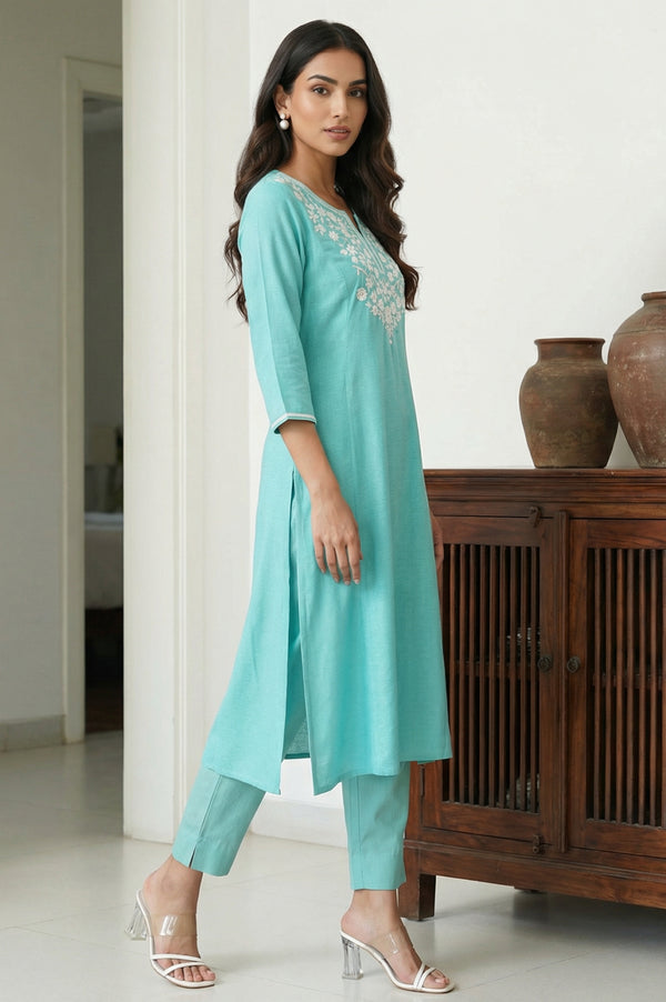 Sea Green Thread Embroidered Rayon A-line Kurta