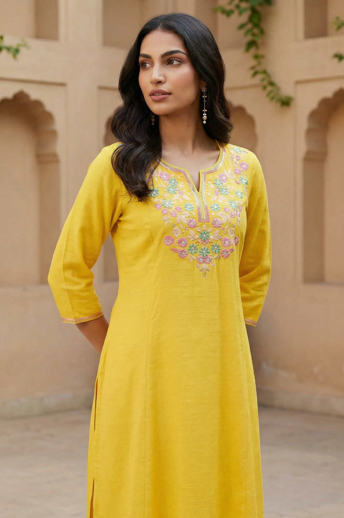 Yellow Embroidered Straight Kurta
