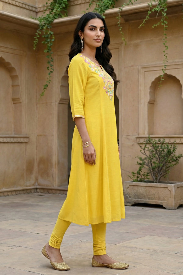Yellow Embroidered Straight Kurta