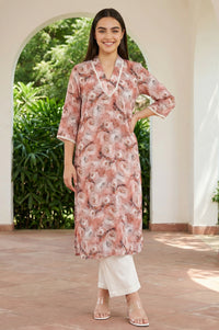 Peach Floral Printed Lace Straight Kurta