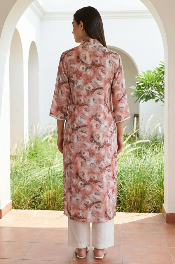 Peach Floral Printed Lace Straight Kurta