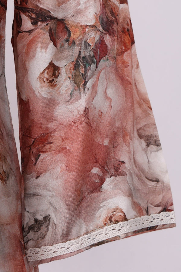 Peach Floral Printed Lace Straight Kurta