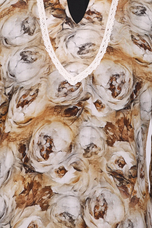 Beige Floral Printed Lace Straight Kurta