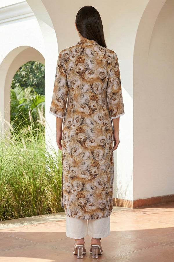 Beige Floral Printed Lace Straight Kurta