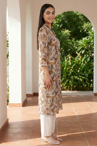 Beige Floral Printed Lace Straight Kurta