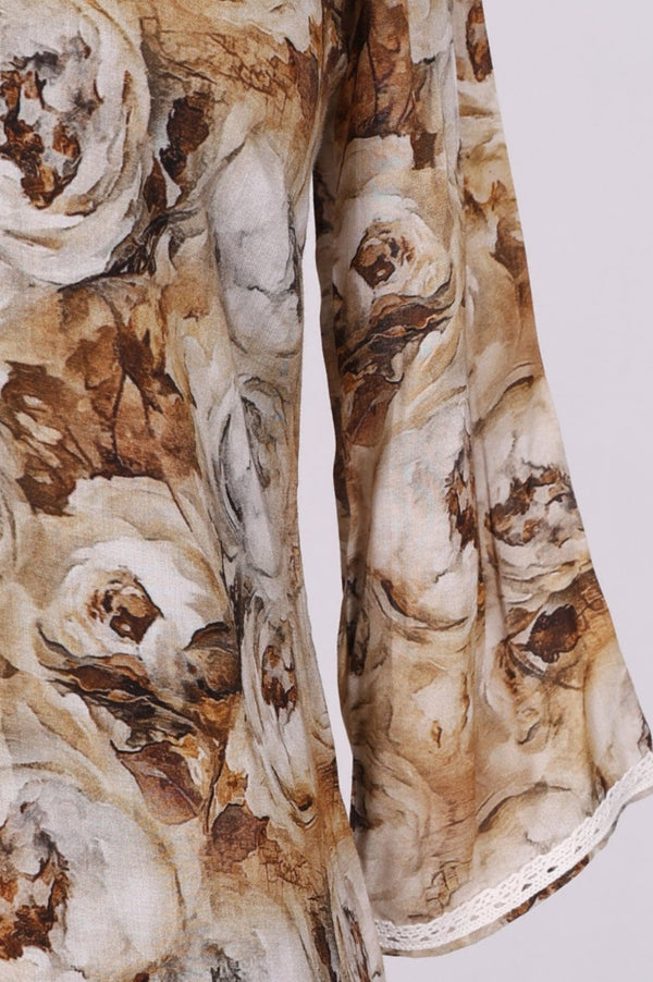 Beige Floral Printed Lace Straight Kurta