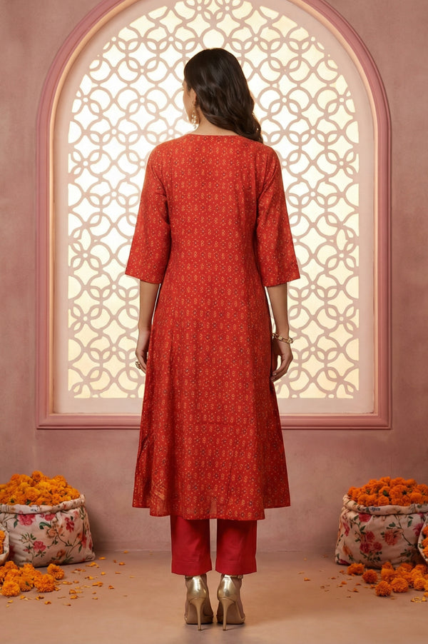 Red Thread Embroidered A-line Kurta