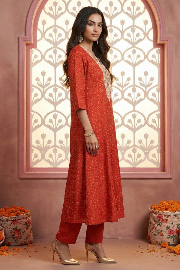 Red Thread Embroidered A-line Kurta