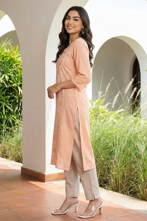 Peach Chikankari Embroidered Pure Cotton Straight Kurta