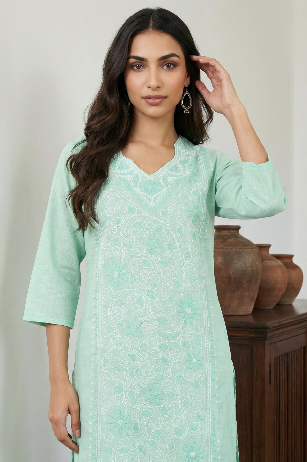 Sea Green Thread Embroidered Pure Cotton Straight Kurta - XS