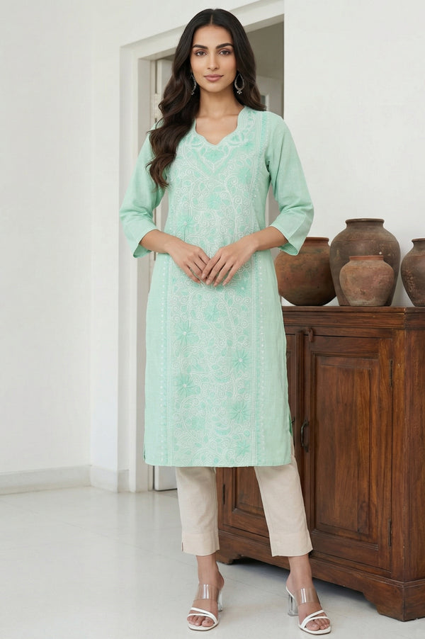 Sea Green Thread Embroidered Pure Cotton Straight Kurta