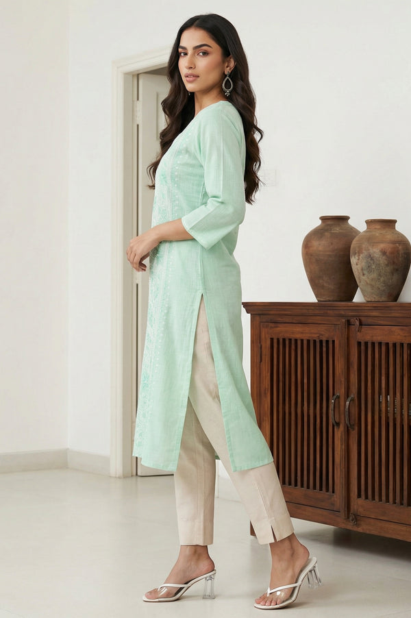 Sea Green Thread Embroidered Pure Cotton Straight Kurta