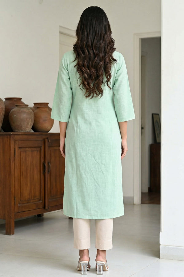 Sea Green Thread Embroidered Pure Cotton Straight Kurta
