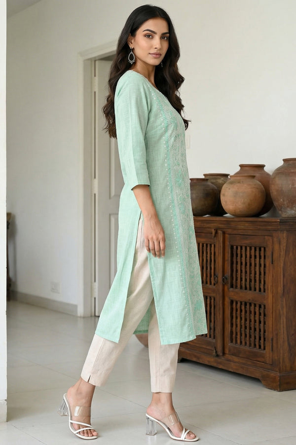 Sea Green Thread Embroidered Pure Cotton Straight Kurta