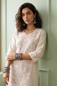 Off White Floral Embroidered Cotton Flax Straight Kurta