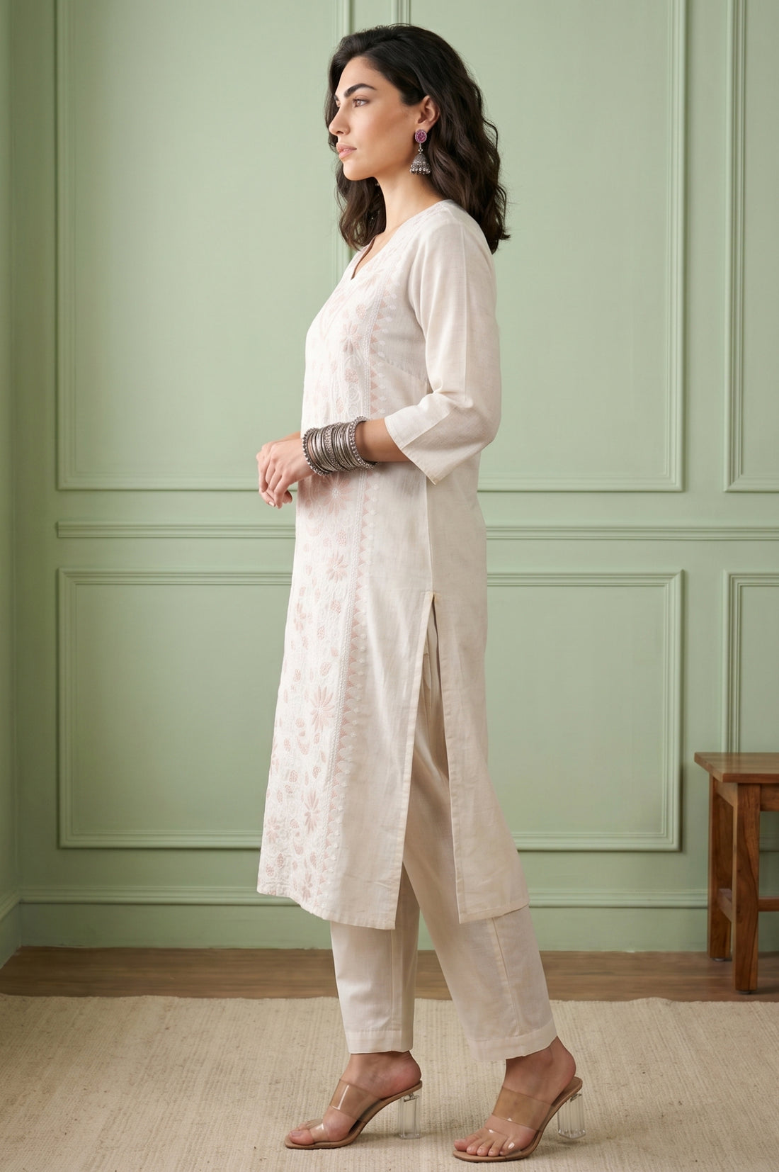 Off White Floral Embroidered Cotton Flax Straight Kurta