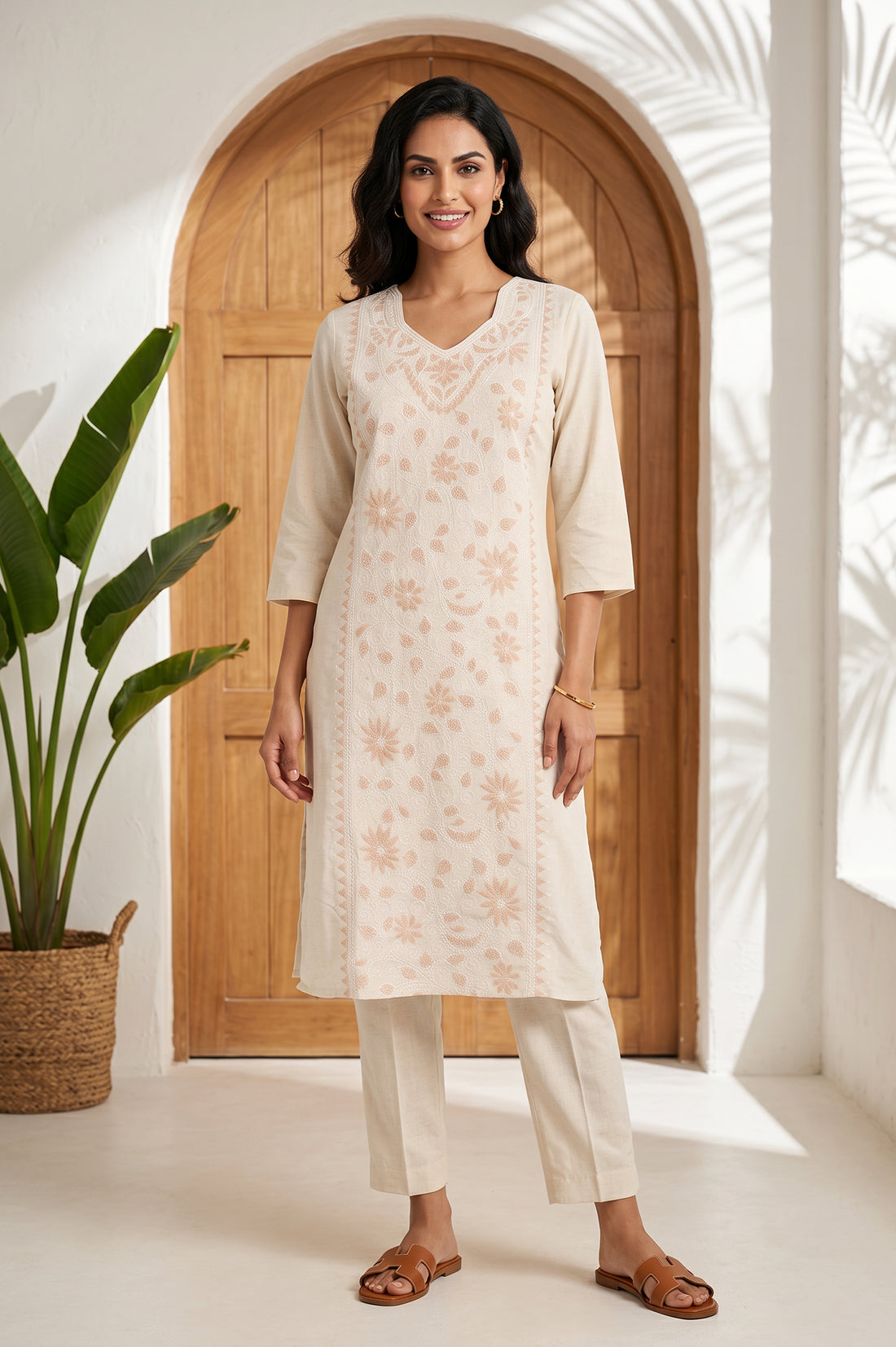 Cream Thread Embroidered Cotton Flax Straight Kurta