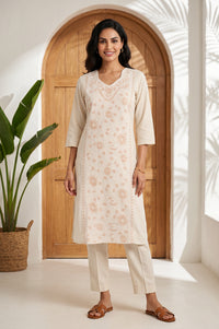 Cream Thread Embroidered Cotton Flax Straight Kurta