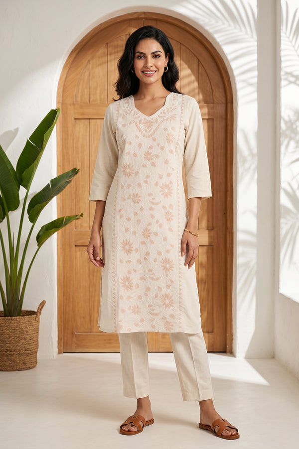 Cream Thread Embroidered Cotton Flax Straight Kurta
