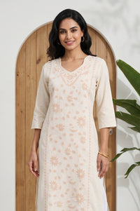 Cream Thread Embroidered Cotton Flax Straight Kurta