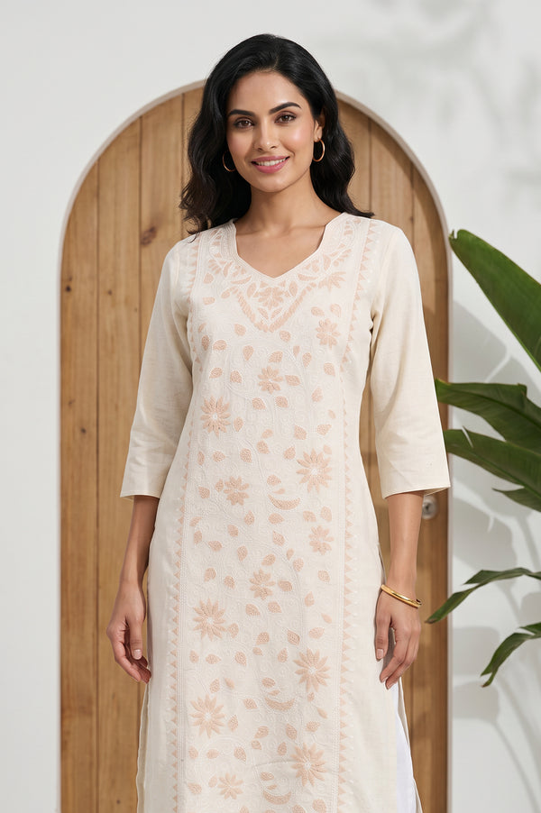 Cream Thread Embroidered Cotton Flax Straight Kurta
