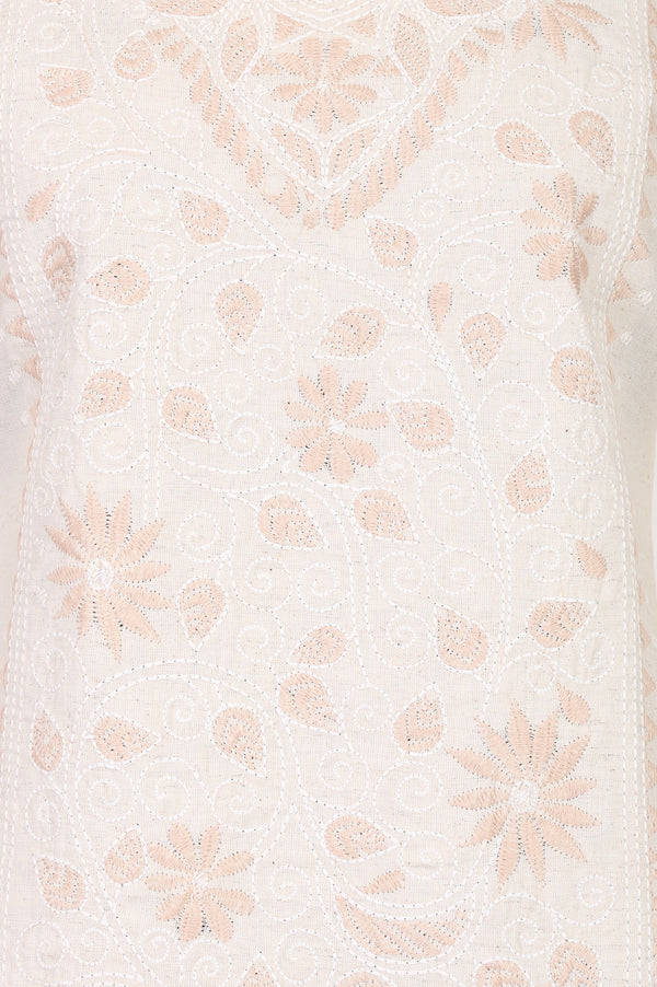 Cream Thread Embroidered Cotton Flax Straight Kurta