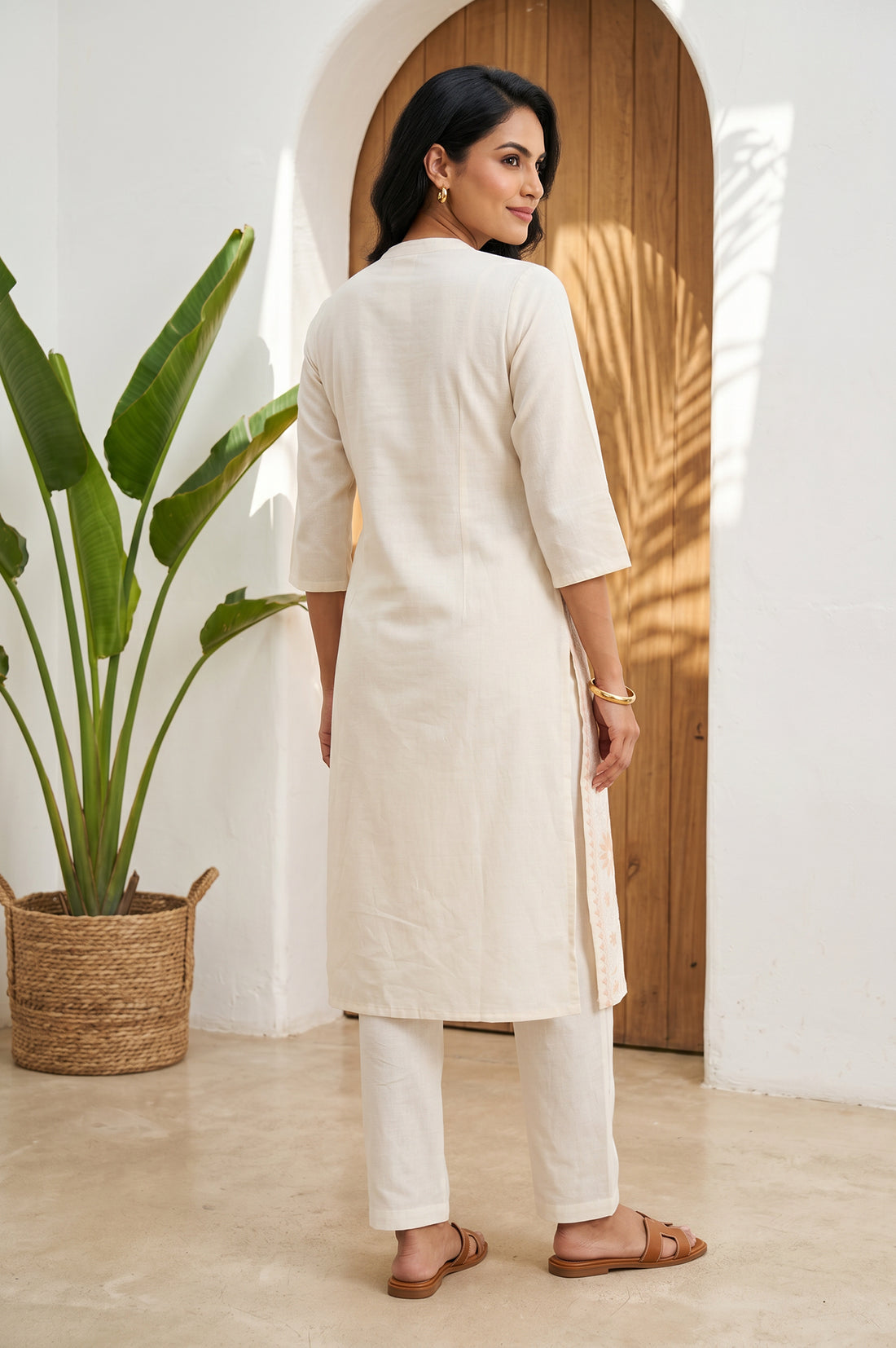 Cream Thread Embroidered Cotton Flax Straight Kurta