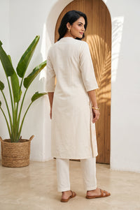 Cream Thread Embroidered Cotton Flax Straight Kurta