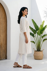 Cream Thread Embroidered Cotton Flax Straight Kurta