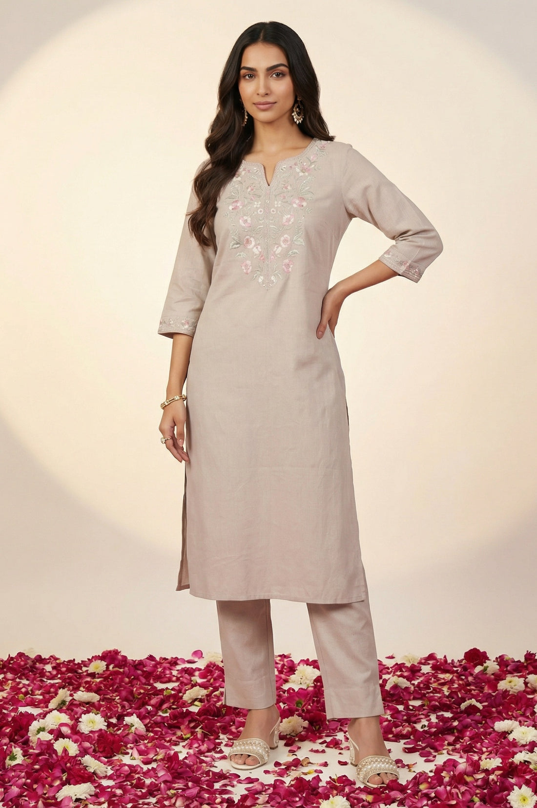Beige Embroidered Yarn Dyed Straight Kurta