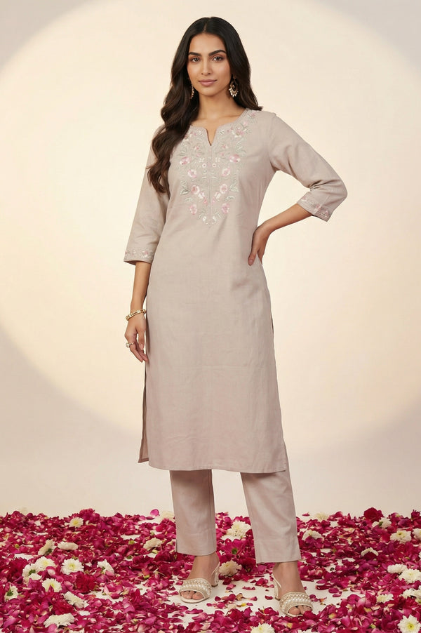 Beige Embroidered Yarn Dyed Straight Kurta