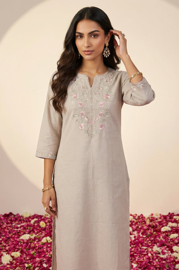 Beige Embroidered Yarn Dyed Straight Kurta