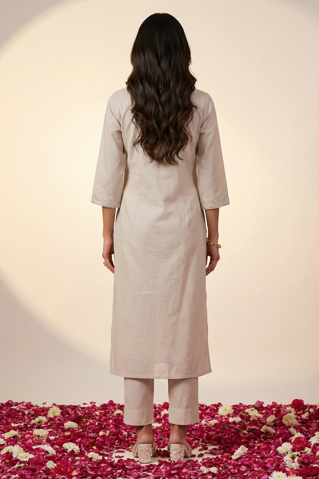 Beige Embroidered Yarn Dyed Straight Kurta